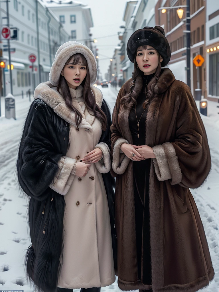 Winter street corner in Russia、snow、Women wearing luxurious furs。(((Typical Russian woman in her 30s、A nasty expression that makes you want to open your mouth))),fur cape、Looking at this、(((Staring at the photographer、Pair of women)))、Fur coat。