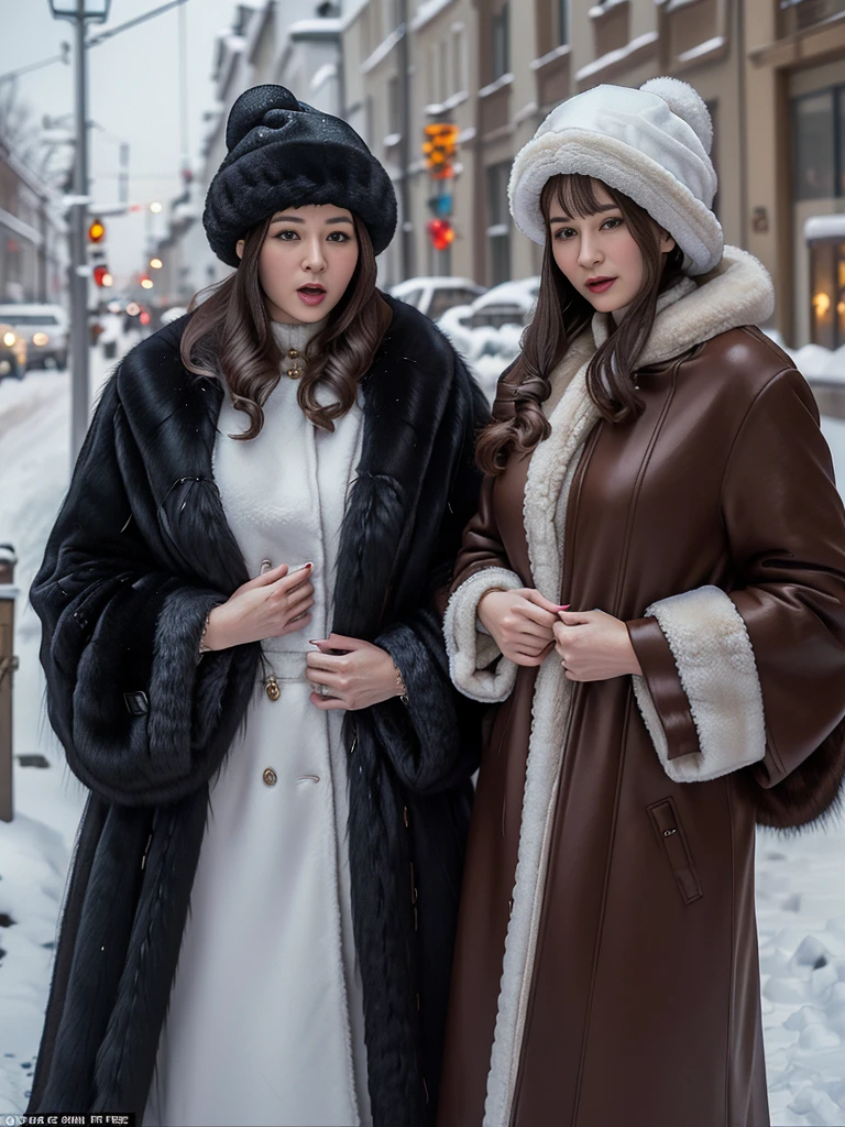 Winter street corner in Russia、snow、Women wearing luxurious furs。(((Typical Russian woman in her 30s、A nasty expression that makes you want to open your mouth))),fur cape、Looking at this、(((Staring at the photographer、Pair of women)))、Fur coat。