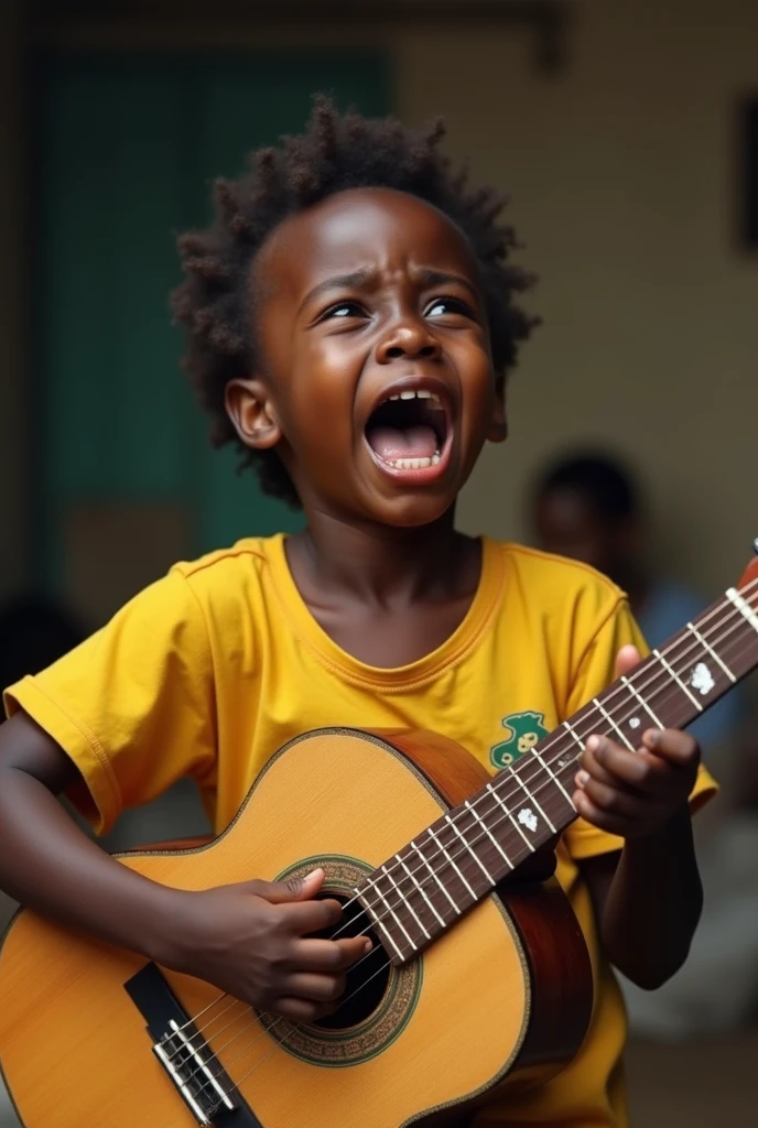 African kid with yellow trashert singing and crying
guitar