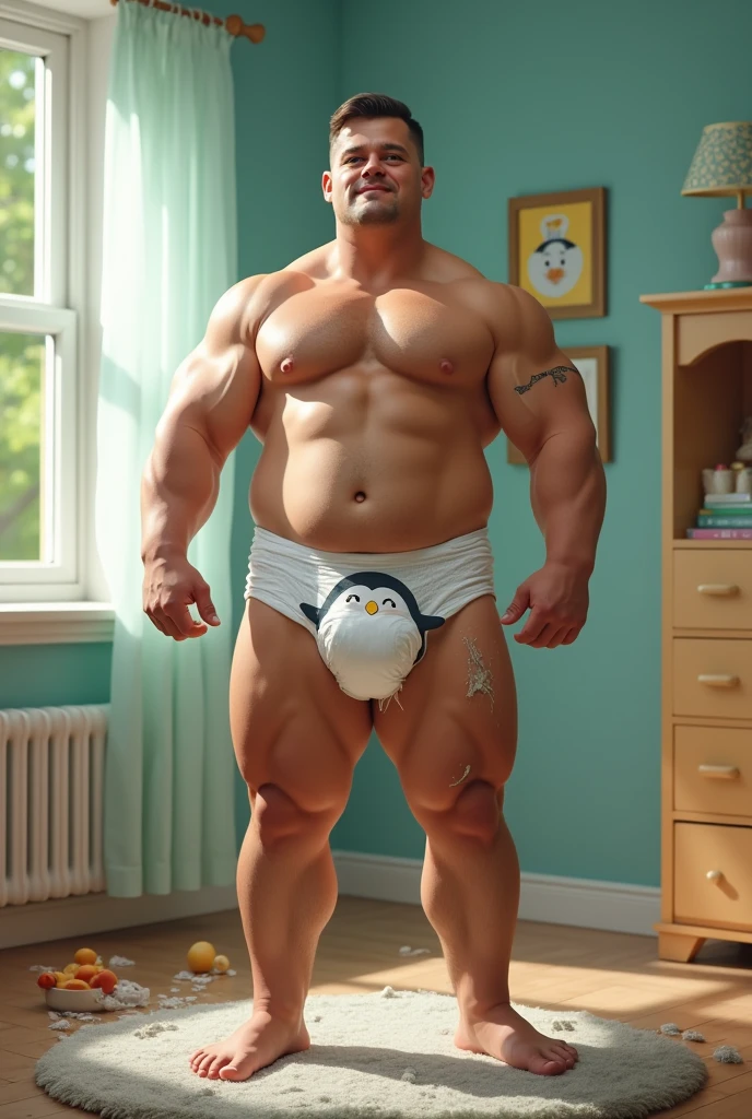 Muscular man, wearing diaper, diaper art: penguin cartoon ,messy diaper, heavy diaper,background: baby room, stand on the ground, muscular man wearing baby onesie,seaart infinity art 