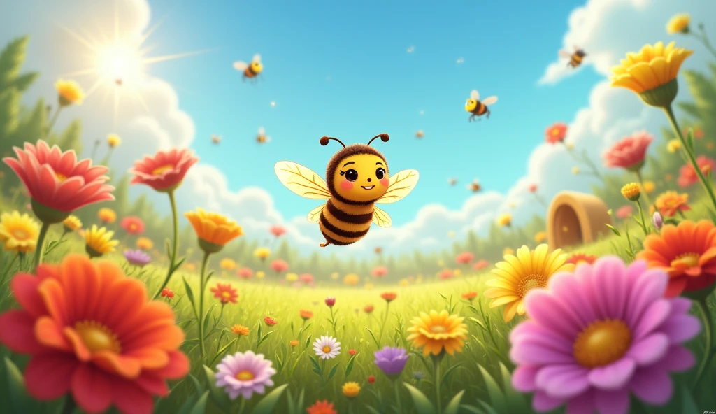 Visualize a bright, bustling meadow teeming with life and color. The scene should be filled with vibrant, blooming flowers in various shades of red, yellow, pink, and purple, swaying gently in the breeze. In the center of this lively meadow, depict a small but mighty bee with a determined expression, hovering above a flower as it gathers nectar. The bee should be detailed, with golden stripes and delicate wings that catch the sunlight. The background can include other friendly insects, a blue sky with fluffy clouds, and perhaps a distant beehive, creating a cheerful and energetic atmosphere that reflects the bee’s important role in the meadow.
