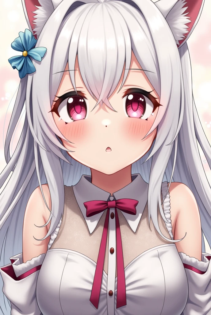 A female anime character with white hair and a plump pussy