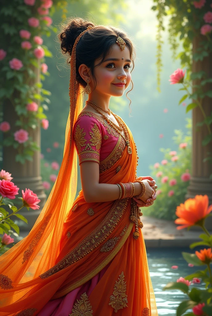 Generate ai image of dressed up in lehenga lord radha as a kid