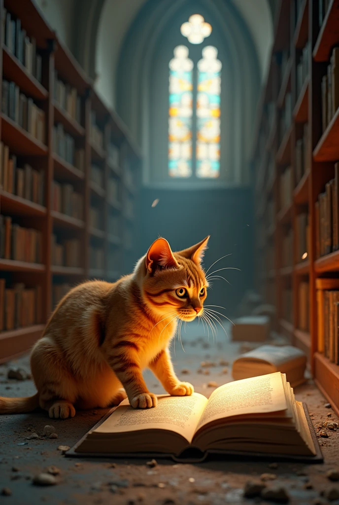 Ek ancient library mein ek orange cat ek mysterious book ko kholta hai, jisse ek magical world ka raaz nikalta hai."