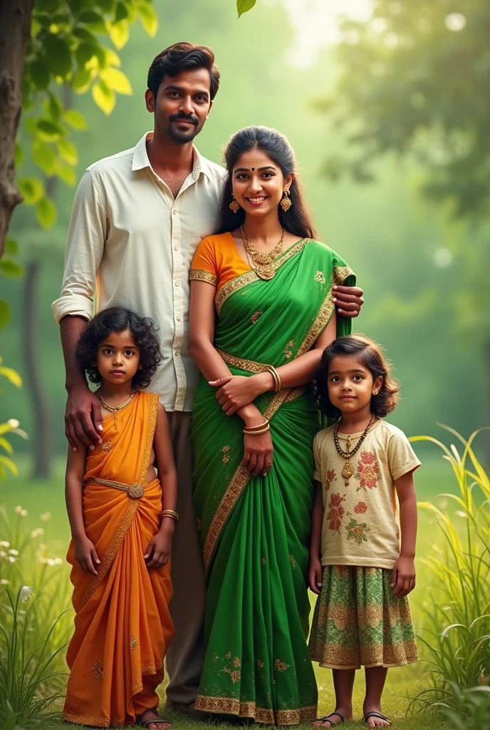 Tamil lean girl height 168 cm traditional green saree with boy kid and girl kid and her husband height 170 cm white shirt
