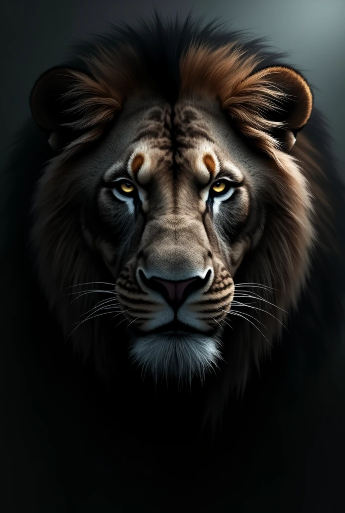 draw a picture of the face of an adult and strong African lion, in the shadows with a vision of evil.