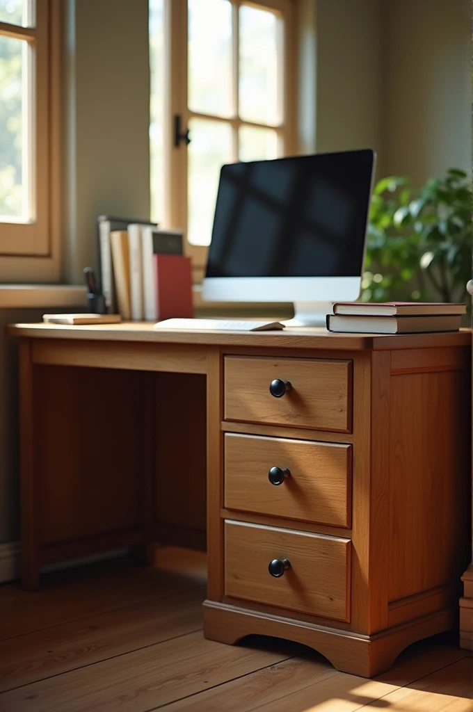 Perspective of a rectangular wooden desk. With 3 small drawers in the front and above it a computer and 3 books