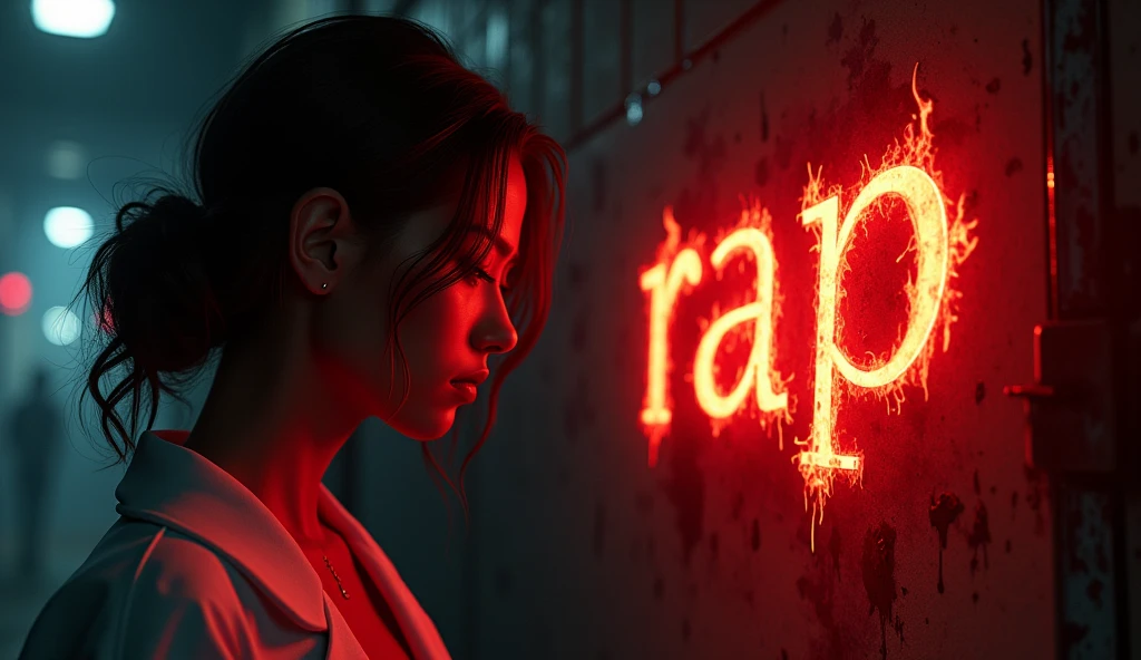 A powerful, lite and intense illustration set in a dimly lit alley, where the atmosphere is heavy with danger and distress. The main focus is a beautiful hot doctor face with a sad, pained expression, . The central element is the word "RAP" written in bold, blood-red letters with flames surrounding it, creating a fiery and intense effect. The entire scene is framed by subtle blood splatters and cracks, enhancing the dramatic atmosphere. The overall composition is both captivating and thought-provoking, effectively conveying the theme of the video without being inappropriate or triggering., 3d render, illustration, cinematic