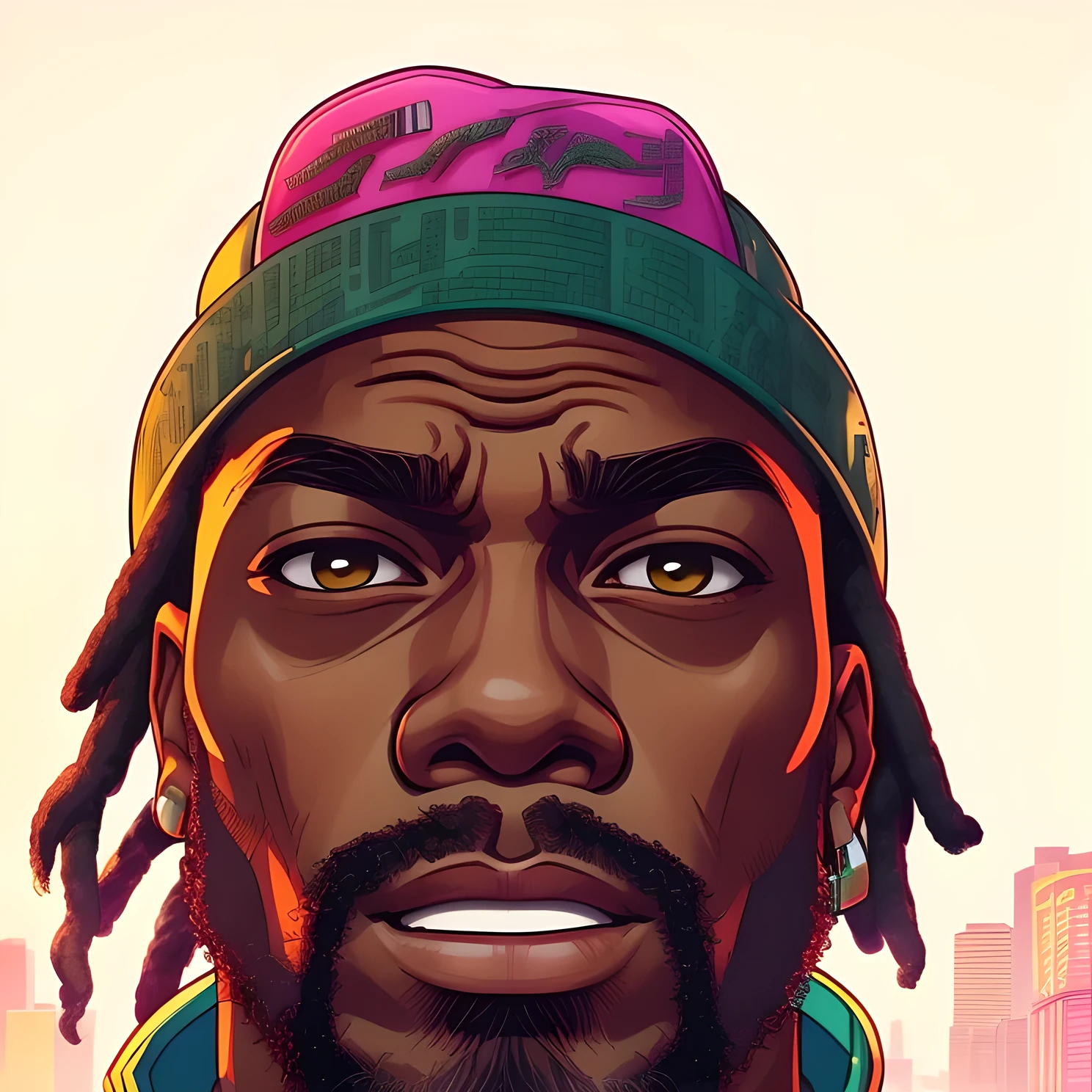 there is a man with dreadlocks and a hat on, taken in the early 2020s, headshot photo, headshot profile picture, about 3 5 years old, around 1 9 years old, 1 / 2 headshot, 1 / 4 headshot, 2 7 years old, with black beanie on head, 2 8 years old, 2 9 years oldGTA-style artwork ,(young people:1.5)Illustration, digital art, (GTA style:1.5),Art style of GTA, Art GTA bright colors, (cartoon style:1.2),(hyperdetail:1.15), glamorous style, best quality, holistic, high detail, serious,against a large metropolis, ((neon lighting)), ((Cyberpunk)),soft light,satirical,exaggerated,pop artstyle,vibrant colors,iconic characters,action-packed,((The background is an orange red city:1)),sun, coconut trees
