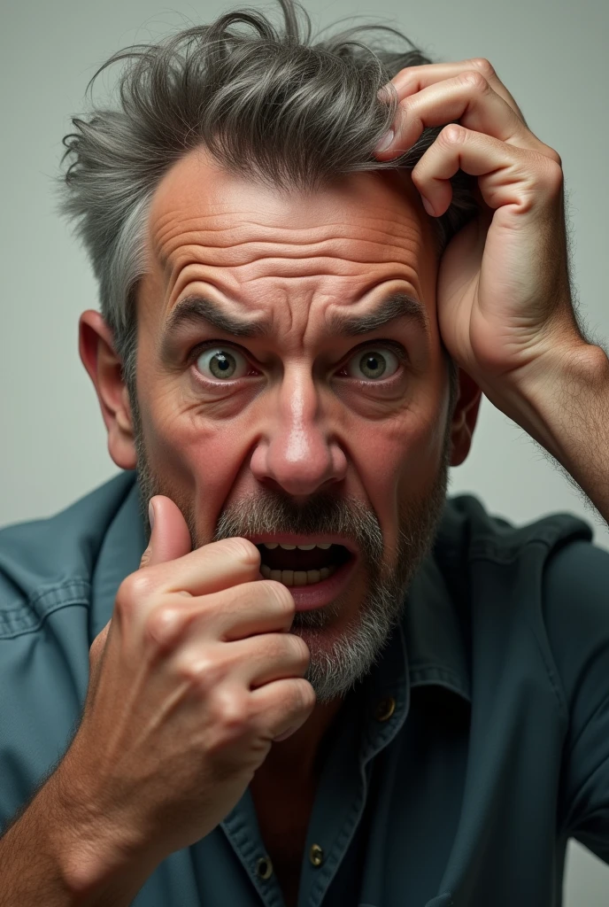 I want a picture of a man showing nervous expressions one finger in his mouth and with other hand scratching his head and eyes are wide open showcasing shocking expression