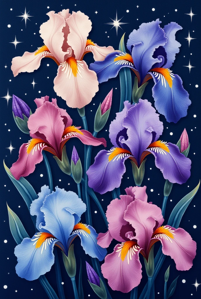 Irises in Bloom" - a vibrant purple  expressive irises in shades of blue and yellow. Background stary night make textile designs in repeat in paintings textured make cusion design 
