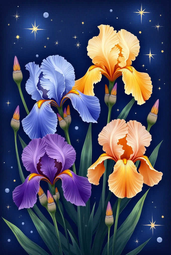 Irises in Bloom" - a vibrant purple  expressive irises in shades of blue and yellow. Background stary night make textile designs in repeat in paintings textured make cusion design 