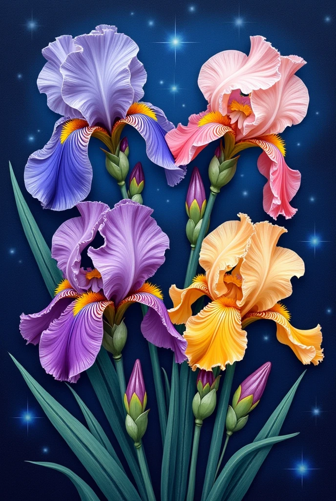 Irises in Bloom" - a vibrant purple  expressive irises in shades of blue and yellow. Background stary night make textile designs in repeat in paintings textured make cusion design 