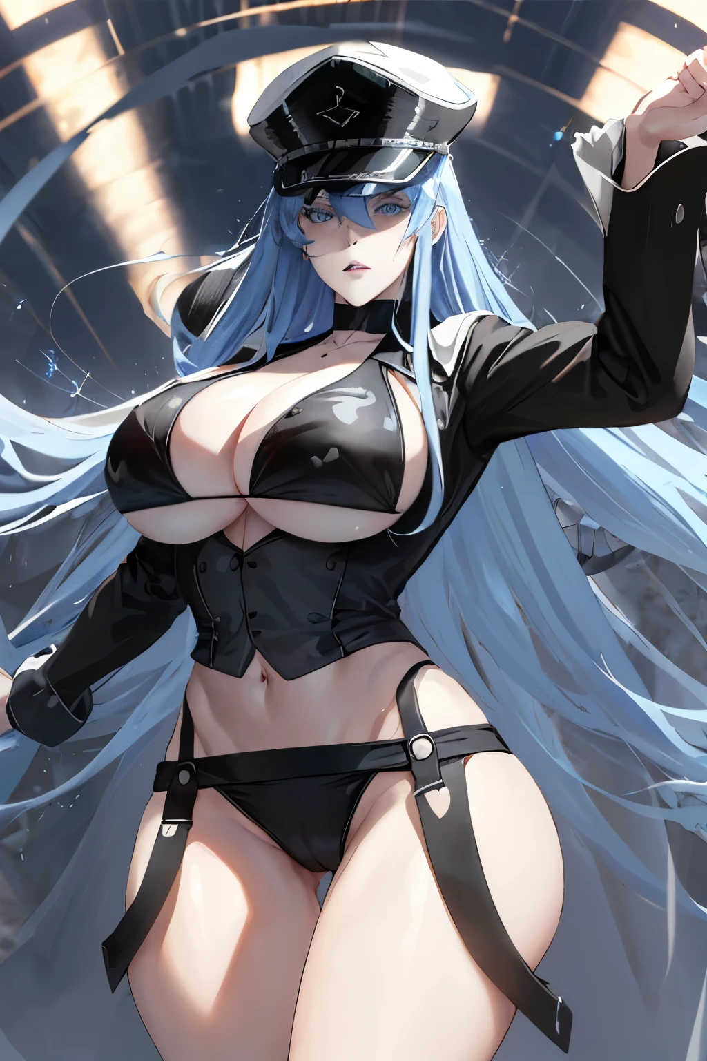 A woman with long blue hair, wearing a black and white military hat, athletic body with thick thighs and large breasts, Bikini, tall boots, face detailed, gorgeous eyes, fleshy lips, elegant pose, Dramatic light, cinematic style, swirly vibrant colors, photorrealistic, 8k, Masterpiece artwork 