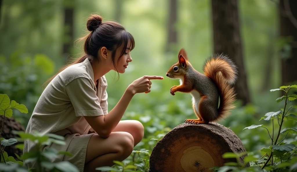 squirrel standing on a cut log, crouching woman almost touching the squirrel with her index finger, pretty young woman, hair up, brunette, forest in the background. a lot of vegetation around., real photo