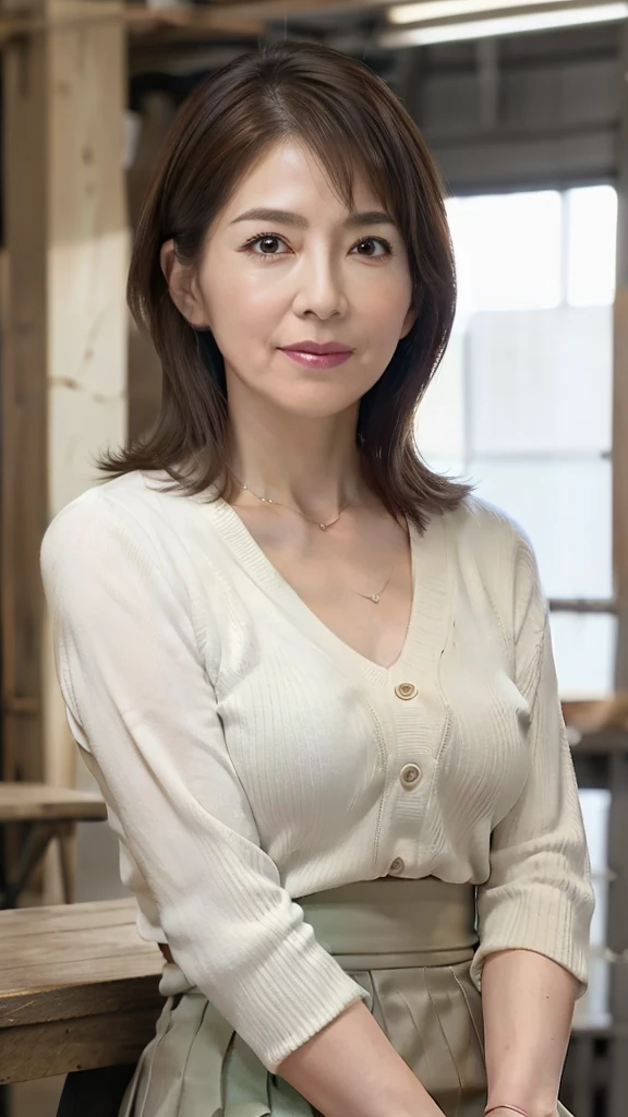 High resolution, High resolution, Attention to detail, masterpiece, Textured skin, Anatomically correct, sharp, ((Japanese Mature, 75 years old)), alone, (Facial wrinkles), Shapely breasts, Brown long hair, bangs,(((Stand upright, facing the center.))),Look at the photographer, Open your mouth and stare straight ahead, White sweater, (Tight Skirt:1.3),(Sitting),(Thighs:1.1),Inside the warehouse,(Serious expression)