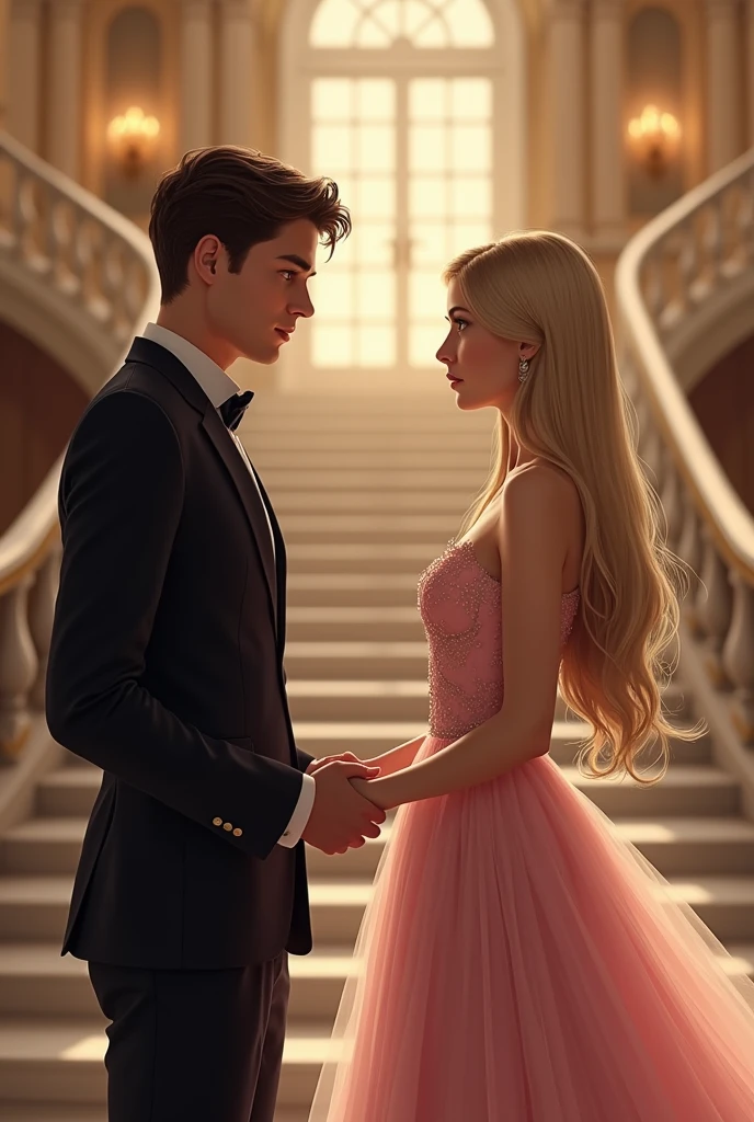 A handsome young boy of twenty years. He is clean shaven.  He has fair complexion and dark brown hair. He has brown eyes. He is wearing a black suit. He is standing infront of stairs in a ball room. A beautiful young girl of twenty years is standing on the staircase. She is wearing a light pink Ball gown and has long straight blond hair and hazel eyes. She has fair skin. She is letting her right hand and the boy is holding her hand. They are in a ball room. 