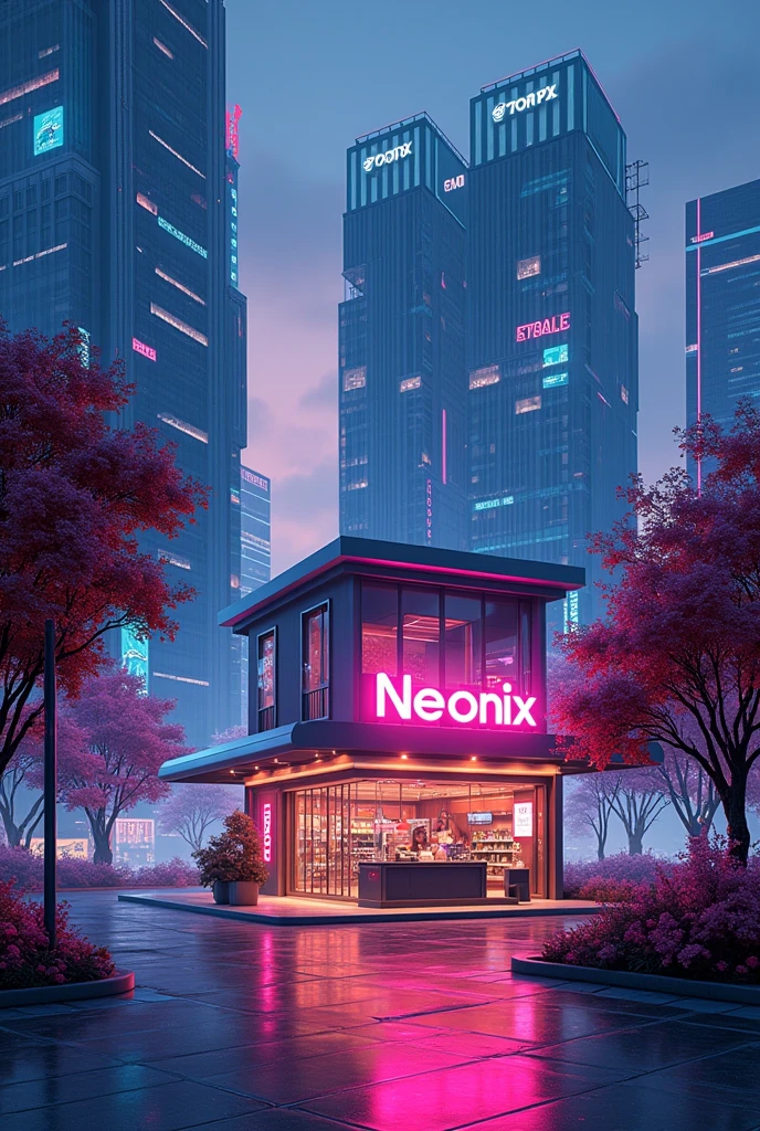 Make a aesthetic, futuristic ,beautiful and modern background for a shop. there will be a street, trees and flowers and in the middle a shop with name tag neonix. add some animation and like Japan (make it PC size )