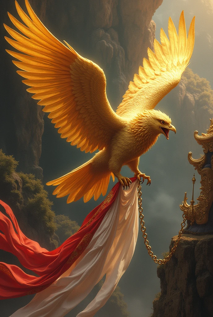 The golden Garuda bird carries a red and white cloth on a chain.