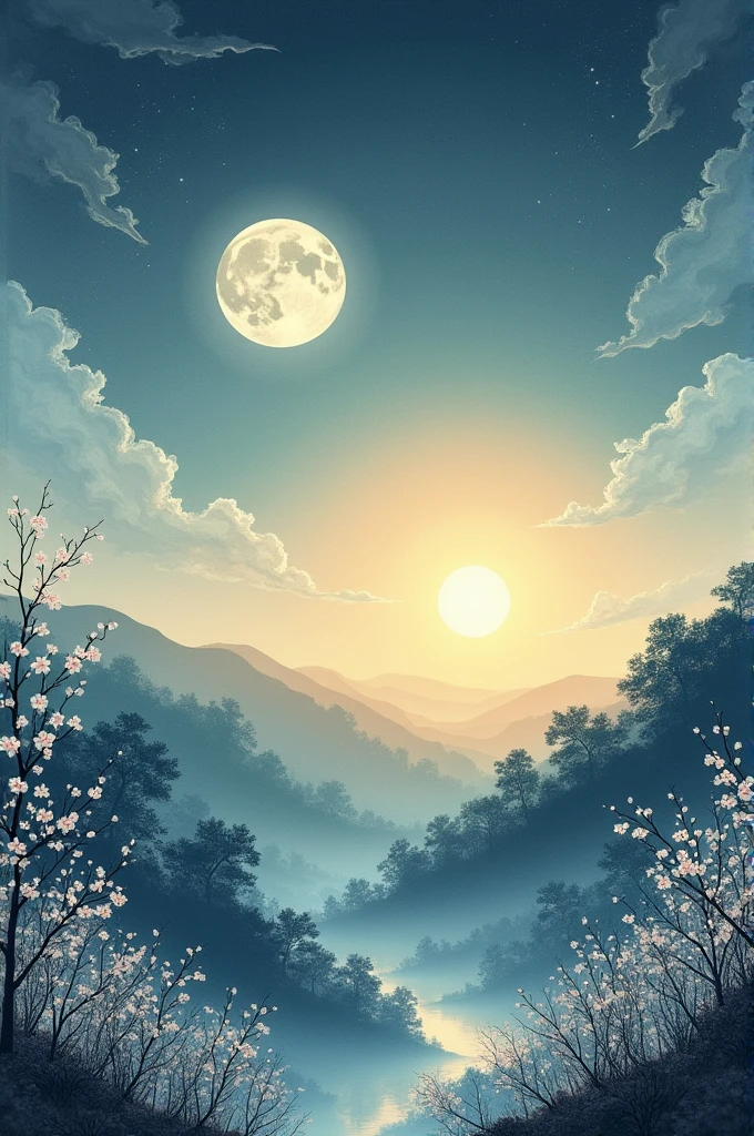 CREATE A JAPANESE ART OF THE MOON DISAPPEARING AND THE SUN COMING