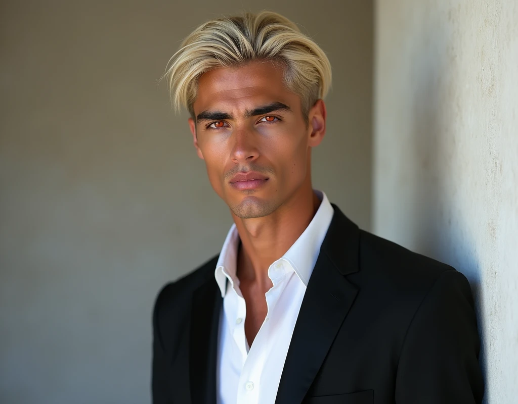 headshot of a very tall Arab-Egyptian featured male model, very short wavy platinum blond swept back hair, lithe body, brown skin, vibrant red eyes, tall toned body. Professional expression. Wearing white and black clothes.