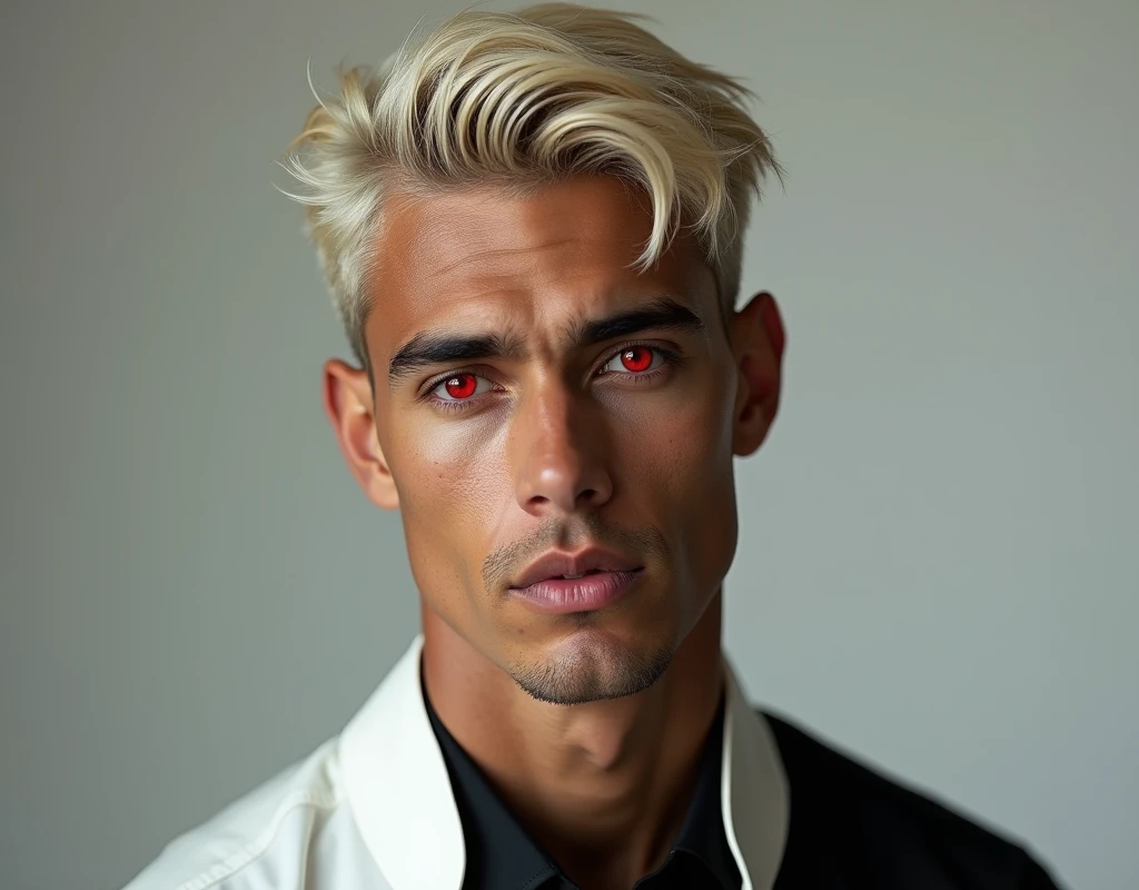 headshot of a very tall Arab-Egyptian featured male model, very short wavy platinum blond swept back hair, lithe body, brown skin, vibrant red eyes, tall toned body. Professional expression. Wearing white and black clothes.
