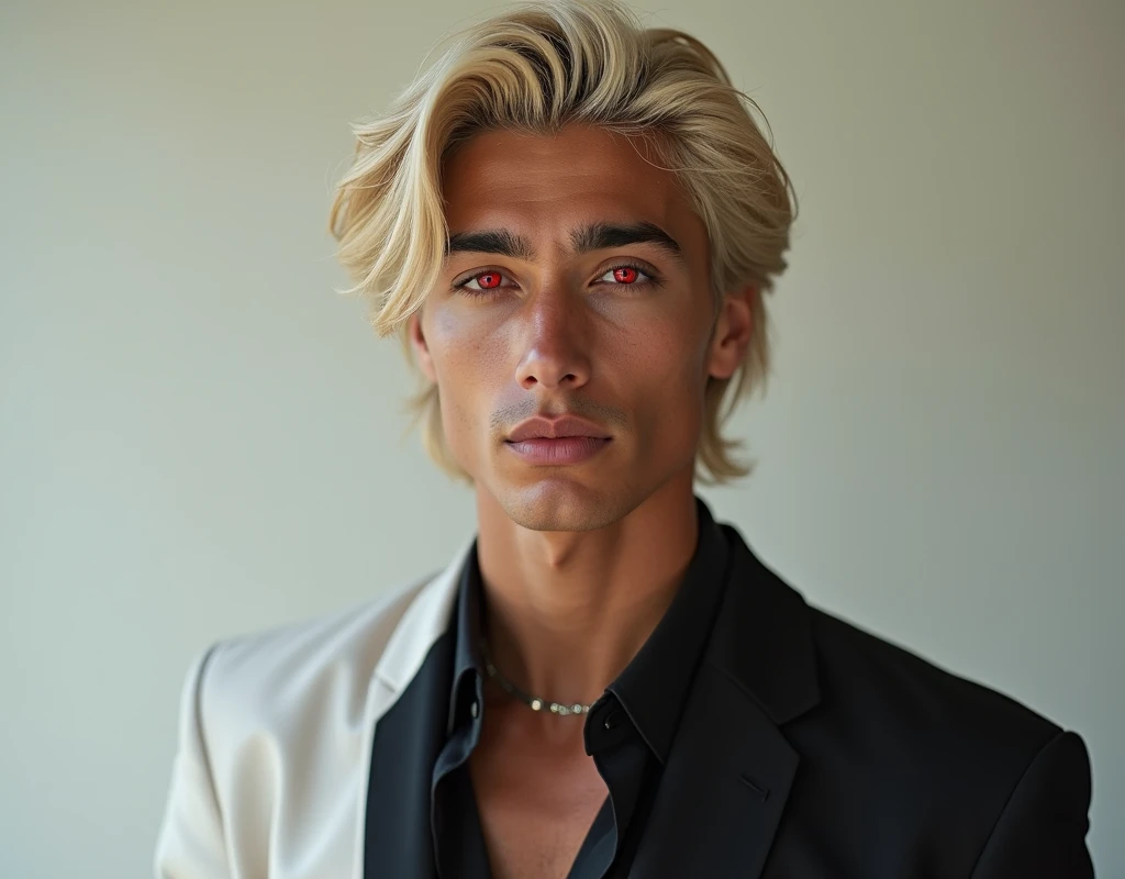 headshot of a very tall Arab-Egyptian featured male model, very short wavy platinum blond swept back hair, lithe body, brown skin, vibrant red eyes, tall toned body. Professional expression. Wearing white and black clothes.