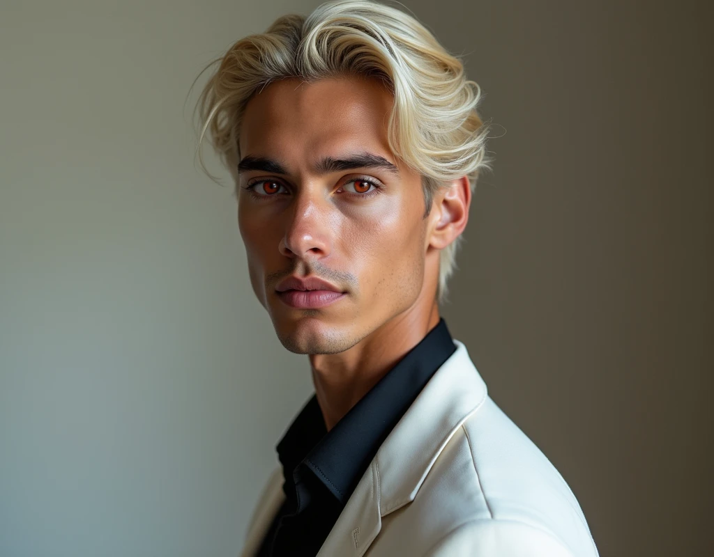 headshot of a very tall Arab-Egyptian featured male model, very short wavy platinum blond swept back hair, lithe body, brown skin, vibrant red eyes, tall toned body. Professional expression. Wearing white and black clothes.
