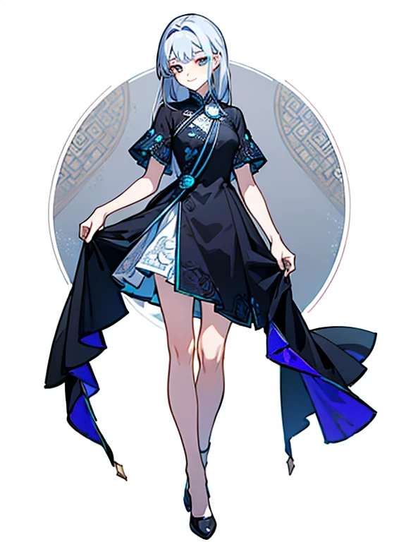 ((((masterpiece, Best Quality, Ultra-high resolution, Best illustrations)))), ((Portrait of a person standing against a white background)), (Very delicate and cute face, Sparkling Eyes), (((black sclera, white small iris))), A beautiful girl named "Sinza" in black china dress is standing diagonally to the left alone, white long hair, white small iris, black sclera, black dress, full body portrait, evil smile,