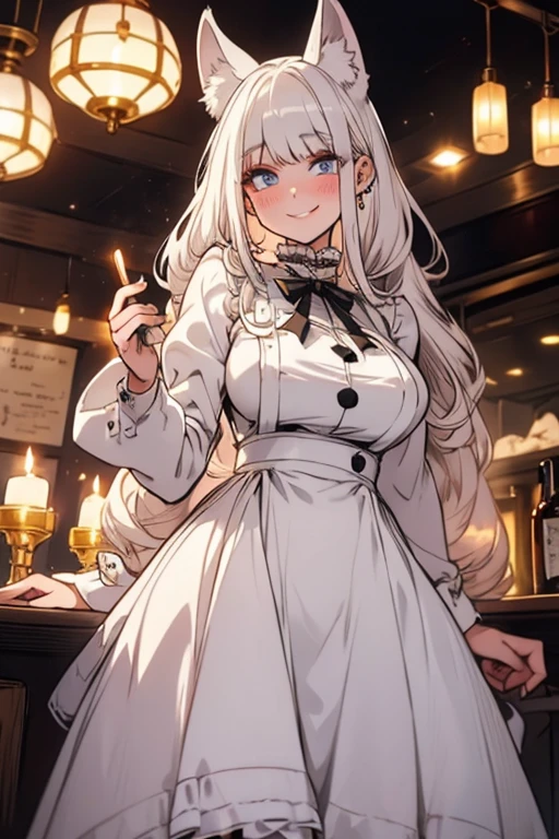A young white haired woman with copper eyes and an hourglass figure with white fox ears and a white fox tail in a Lolita maid uniform is serving dinner in a fancy maid cafe with a big smile