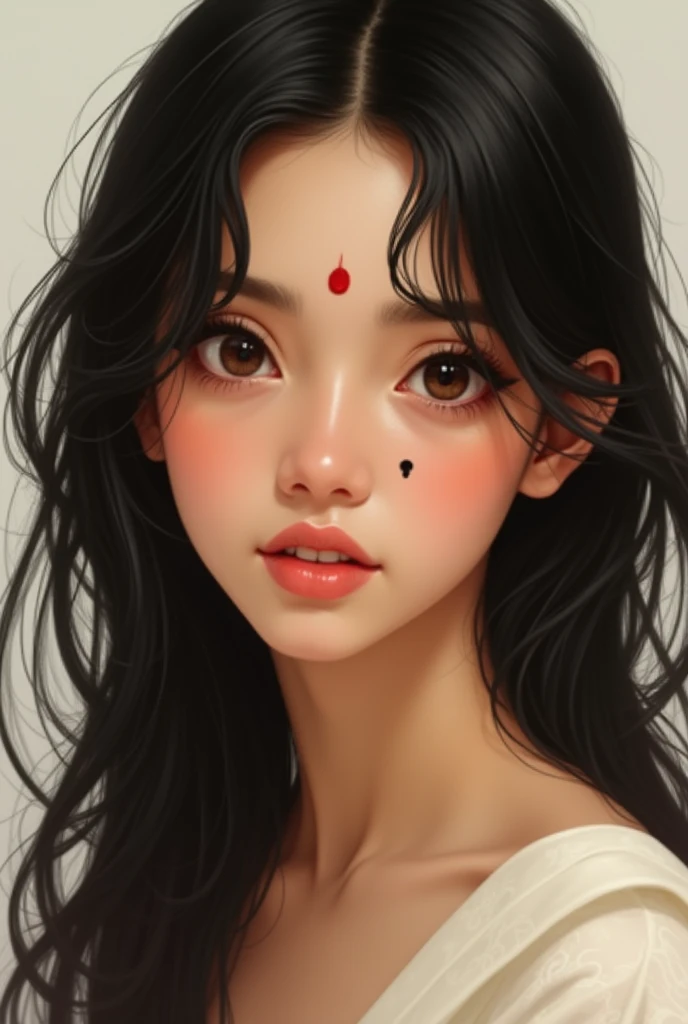 A beautiful girl having small teeth, big eyes
Black hair ,light creamy colour face with simple dot bindi, black dot mark on upper side of lip only, a little bit bigger mouth