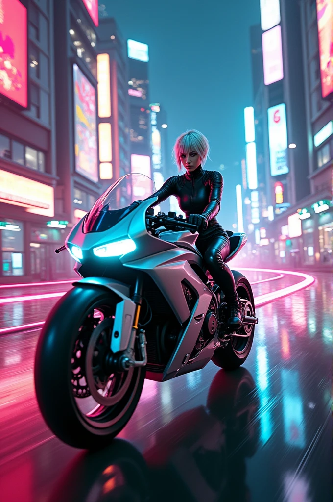 Sekletion sliver polish driving a motorbike in neon city