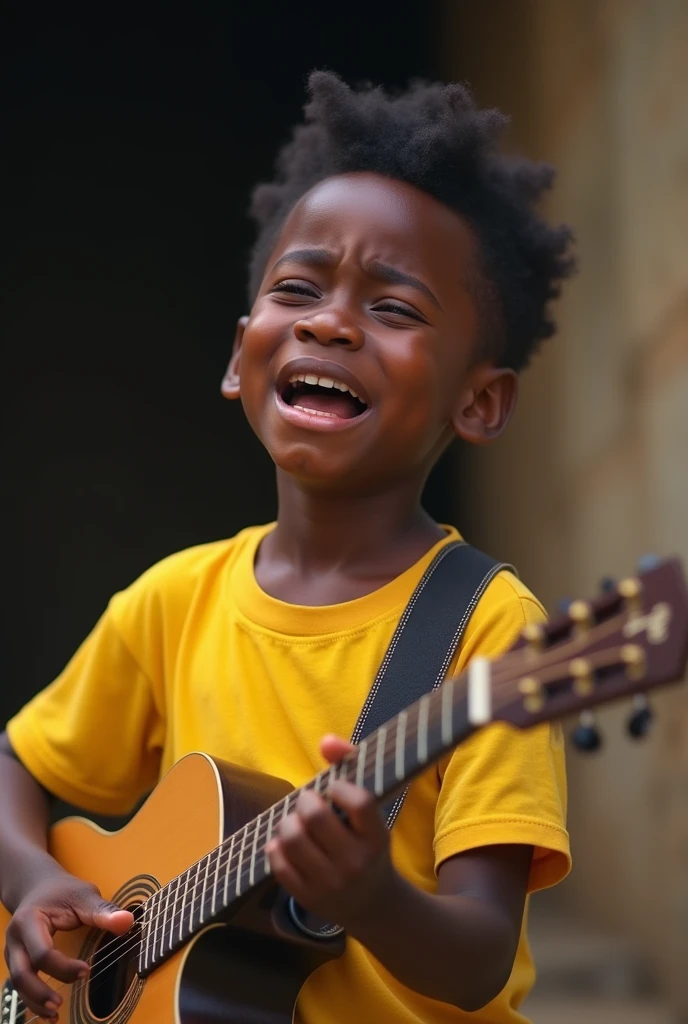 Agt jegsAfrican kid with yellow trashert singing and crying
guitar