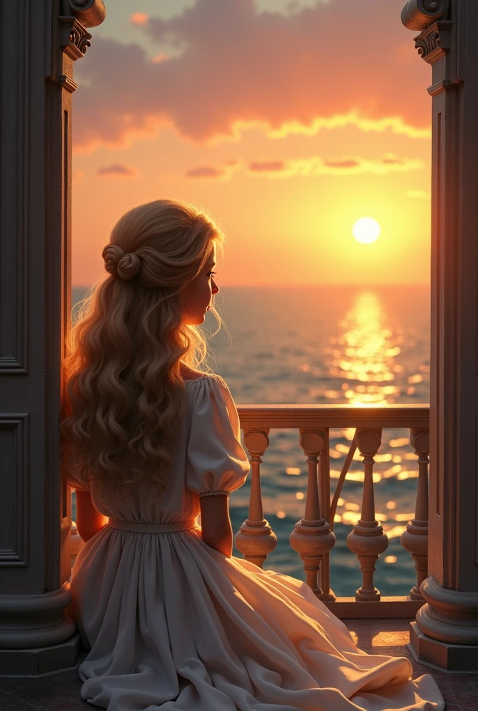 A girl with long curly yellowish hair sitting on a balcony of the victorian era facing backwards watching the sunset by the sea with a long wavy white dress