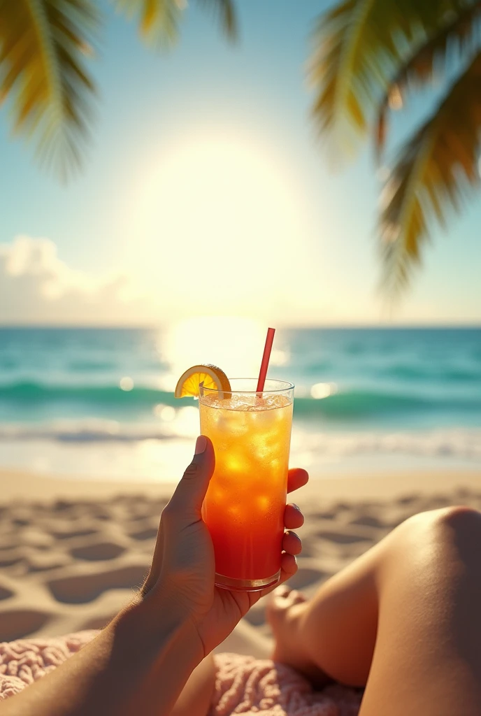 Realistc, Drink in Hand sitting on the beach, angle Like the Pic was tanken by myself