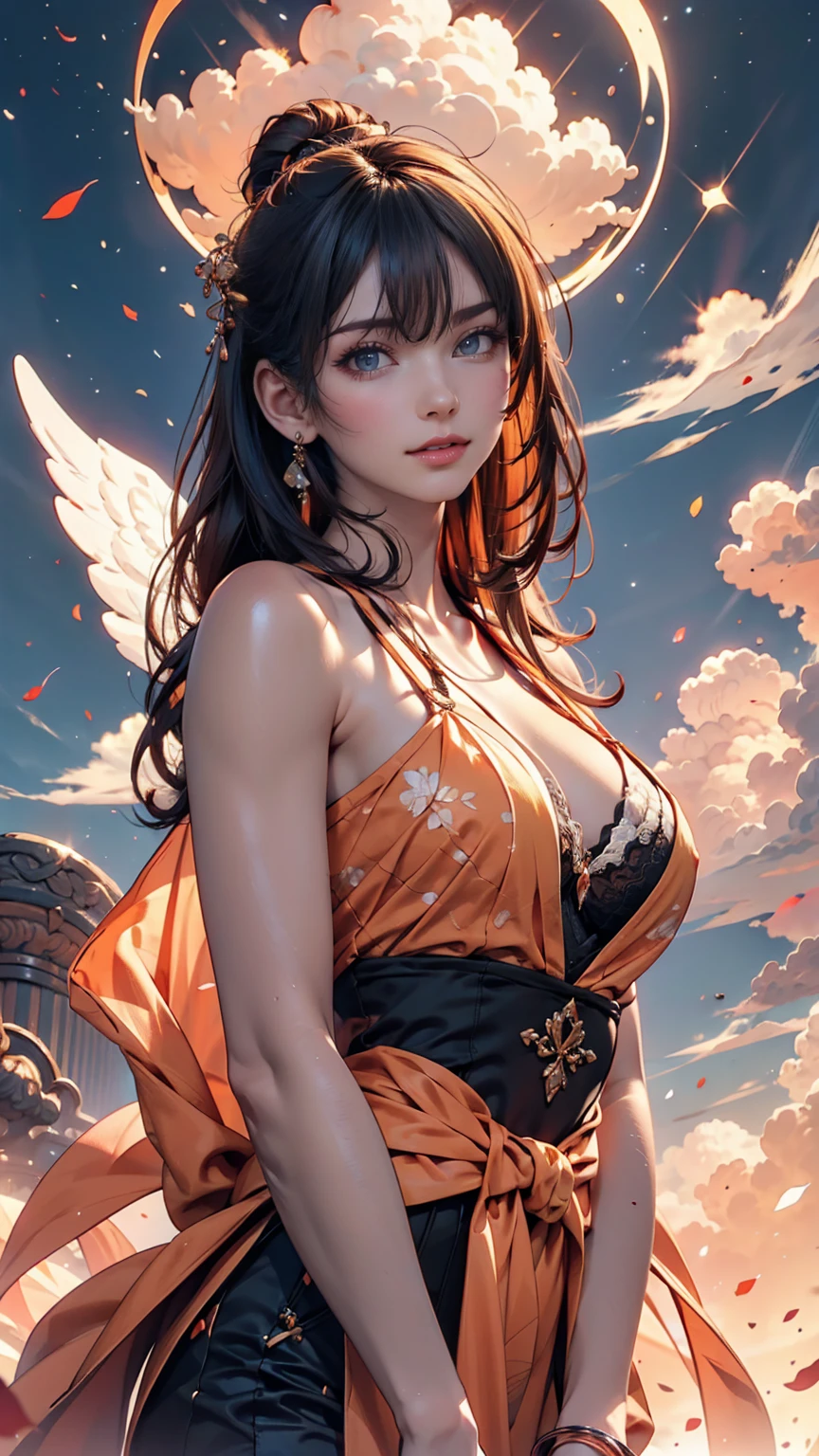 An angelic being without human affection, woman、Creator of the Universe, myth, The background of the image is, Heavenly Mountain Scenario, Orange Clouds. The image style should be cartoon-like, With powerful and impressive strokes, 登場人物にはmythや天使の要素が加わっている