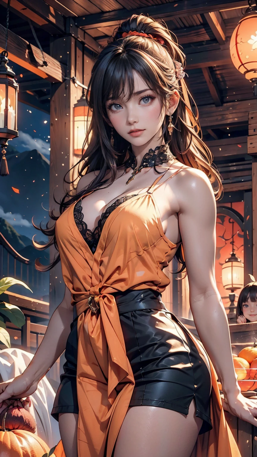 An angelic being without human affection, woman、Creator of the Universe, myth, The background of the image is, Heavenly Mountain Scenario, Orange Clouds. The image style should be cartoon-like, With powerful and impressive strokes, 登場人物にはmythや天使の要素が加わっている