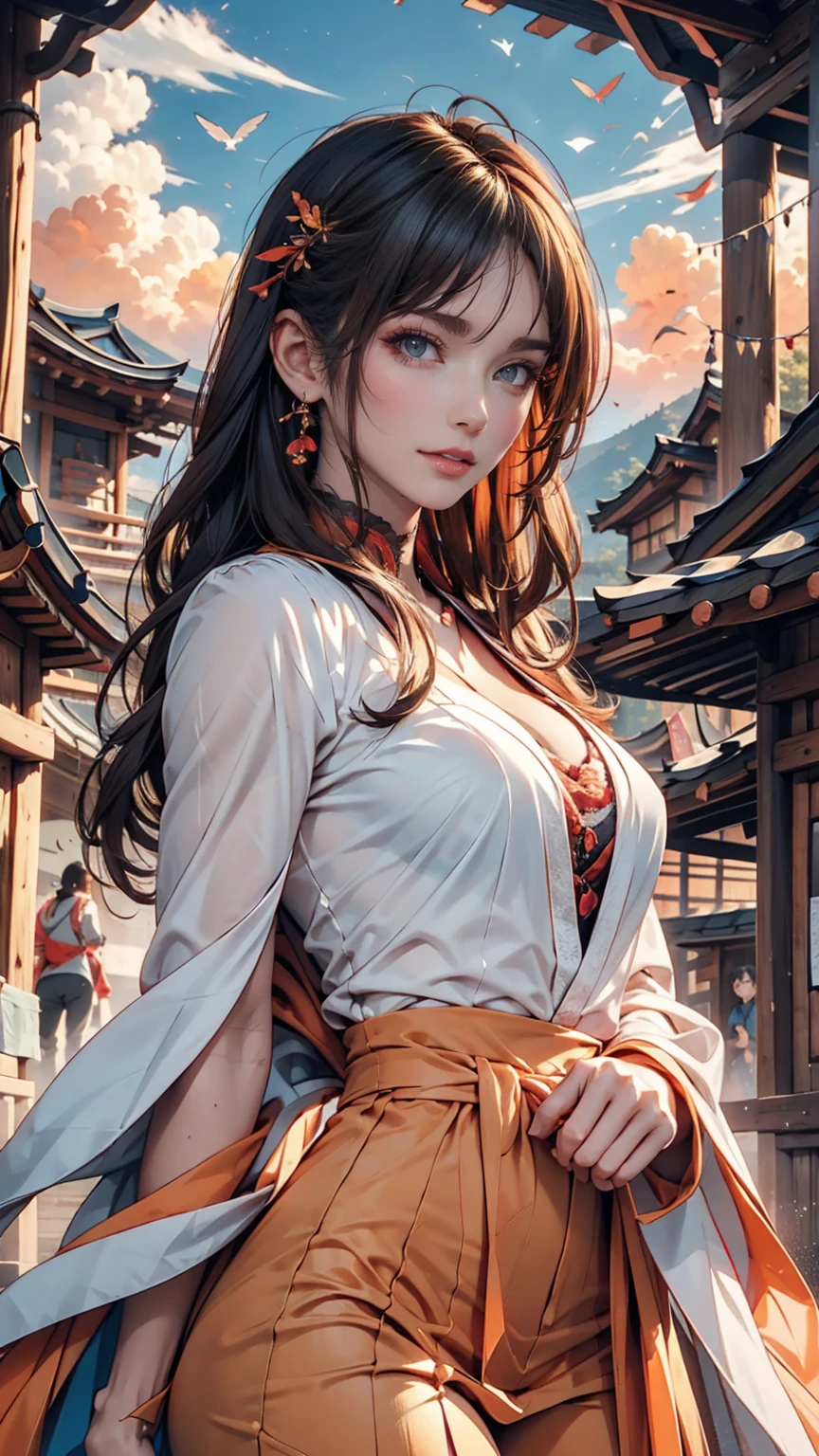 An angelic being without human affection, woman、Creator of the Universe, myth, The background of the image is, Heavenly Mountain Scenario, Orange Clouds. The image style should be cartoon-like, With powerful and impressive strokes, 登場人物にはmythや天使の要素が加わっている