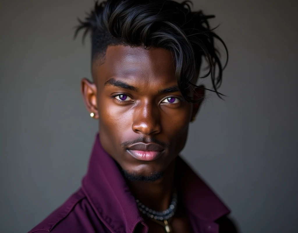 Photograph headshot of a very tall French-Nubian featured male model, wavy hair parted to the side hair, shaved chin, shaved upper lip, toned body, ebony skin, vibrant purple eyes, tall thin toned body. Kind expression. Wearing brown and purple clothes.