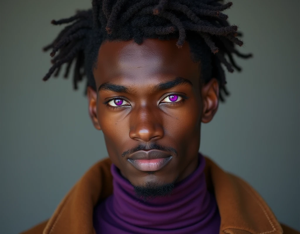 Photograph headshot of a very tall French-Nubian featured male model, wavy hair parted to the side hair, shaved chin, shaved upper lip, toned body, ebony skin, vibrant purple eyes, tall thin toned body. Kind expression. Wearing brown and purple clothes.