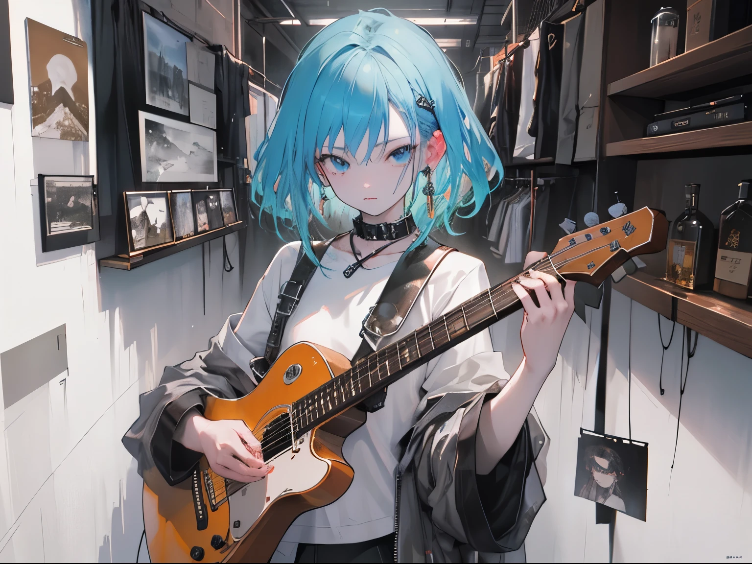 ((best quality)), ((masterpiece)), (detailed), This is a music album cover,Screen Elements:Guitar,punk,Vaporwave,Scenes without characters。Very relaxing atmosphere,The healing picture。
