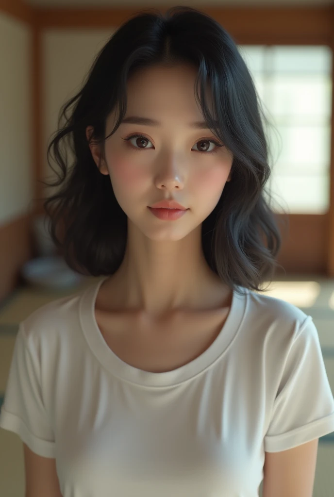 (High reality photograph, high resolusion, detailed face, detailed eyes) Skinny Japanese lady, 40 years old, cute face, various face expression, mid-length hair, skinny figure, small breasts, very thin waist, white T-shirt, in a Japanese room