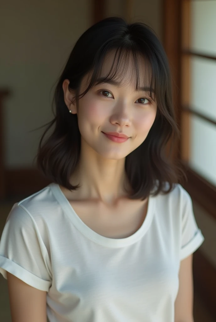 (High reality photograph, high resolusion, detailed face, detailed eyes) Skinny Japanese lady, 40 years old, cute face, various face expression, mid-length hair, skinny figure, small breasts, very thin waist, white T-shirt, in a Japanese room