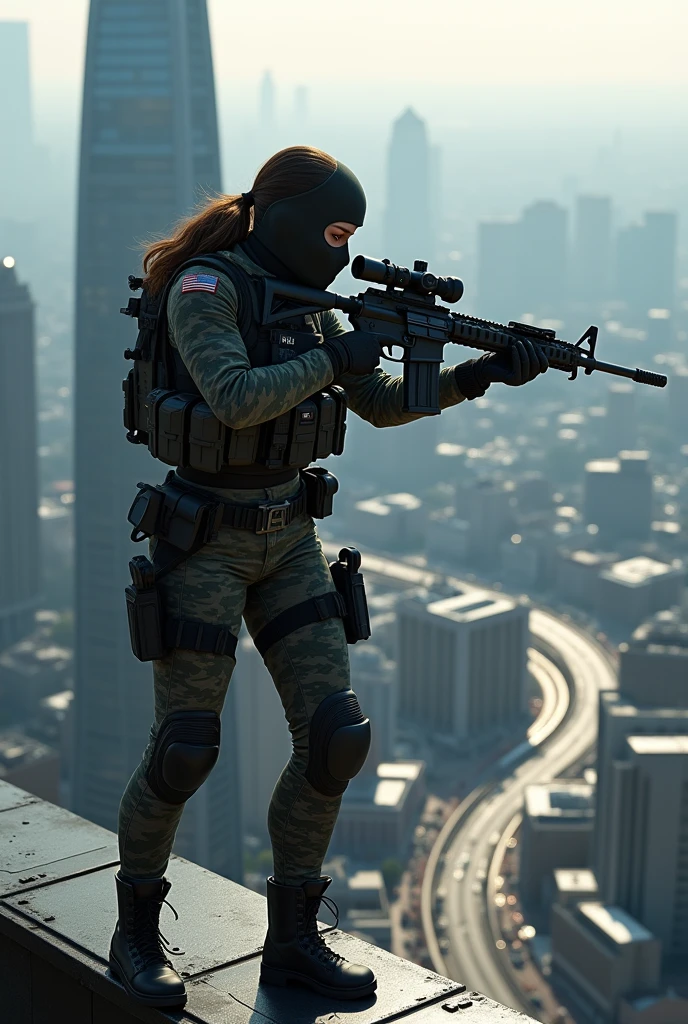 A masked American female sniper stands on top of a high-rise building.