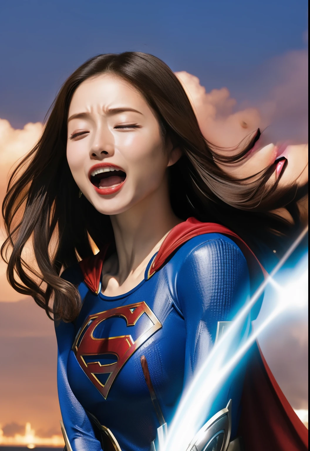 Supergirl, IshiharaSatomi, Powerful Attacks(A gigantic, evil, jet-black energy cannon)Scream after being hit, Blow away, Painful expression, Panting, Eyes closed, Destroyed metropolis