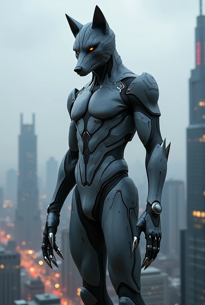 A hero wearing a futuristic wolf mask and gray body suit with sharp metal nails standing on building roof