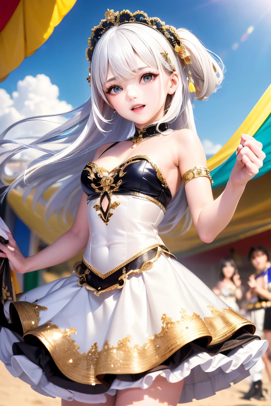 masterpiece,Highest quality,Very detailed,Beautiful girl in colorful idol costume,,White Hair,Outdoor Stage