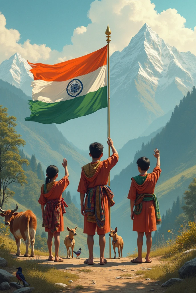 Himalayan Sikkim Tibetan and Nepali tribal 10 years three boy saluting india national flag, looking front, dogs and cow and brid enjoying