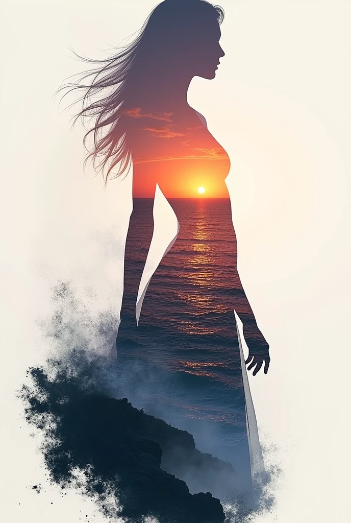 high quality, 8K Ultra HD, A beautiful double exposure that combines an goddess silhouette with sunset coast, sunset coast should serve as the underlying backdrop, with its details incorporated into the goddess , crisp lines, The background is monochrome, sharp focus, double exposure, by yukisakura, awesome full color,