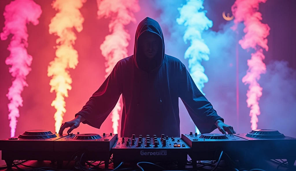 a DJ wizard controlling a mixing board, edm, in the background colored smoke, 2k image, scenographic